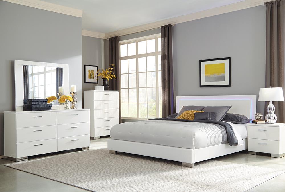 Felicity Queen Panel Bed with LED Lighting Glossy White - De Avenue Furniture