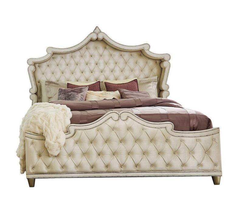 Antonella Upholstered Tufted Eastern King Bed Ivory and Camel