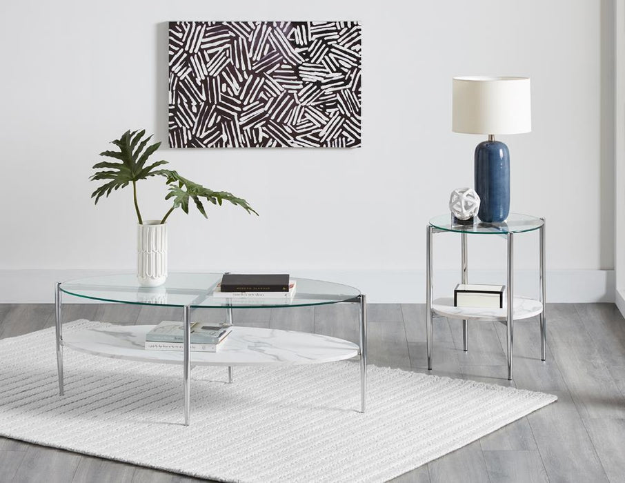 Cadee Round Glass Top Coffee Table White and Chrome - De Avenue Furniture